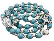 Turquoise Marble Rosary Beaded Necklace Flowers Beads Miraculous Medal & Cross picture