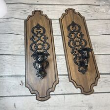 Vintage GOTHIC Wall Handing Woodgrain & Black Candle Holders PAIR  picture