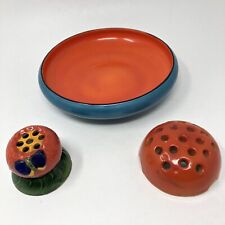 Vintage Czechoslovakia Pottery Low Bowl Planter Flower Frogs Orange Set of 3 picture