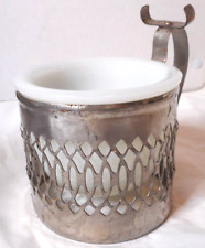 Vintage Silver-Plated Filigree Shaving Mug Milk Glass Insert Brush Holder 3 3/4