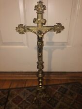 Antique French Gothic Revival INRI Brass Alter Standing Crucifix 19th Century picture