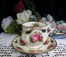 Royal Dover Fine Bone China Made in England Footed Teacup & Saucer Pink Roses picture