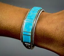 Vintage Zuni Sterling Silver Channel Turquoise Inlay Cuff Bracelet MINT picture