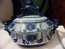 Vintage Russian GZHEL white/blue porcelain Lidded Serving bowl with handles,L@@K picture