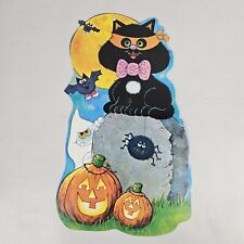 VTG Cute Black Cat Standing On Gravestone Spooky Double-sided Halloween Die Cut picture