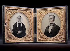 AMBROTYPES OF ELDERLY COUPLE INSIDE LOVELY DOUBLE SIXTH PLATE THERMOPLASTIC CASE picture