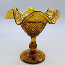 Jeannette Glass Vintage Diamond Point Ruffled Compote Dish Amber 6”T picture