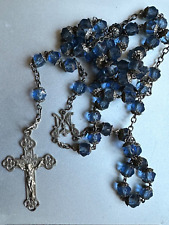 Gorgeous French Antique Rosary - Blue Glass Beads - Sterling Silver Cross &medal picture