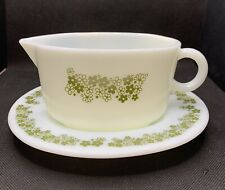 Vintage Gravy Boat Tray Corning Crazy Daisy Glass Green White 1970s Pyrex picture