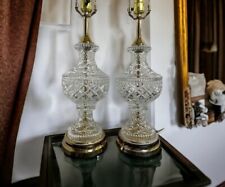Vintage Pair Cut Clear Crystal Glass Table Lamp Brass Gold Set Hollywood Regency picture