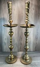 Etched Pair  Brass Floor  Candlesticks Altar Prayer Candle Holders 39 Inch Tall picture