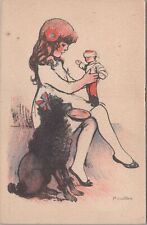Artist Signed Postcard Poulbot Little Girl Playing with Dog + Doll picture
