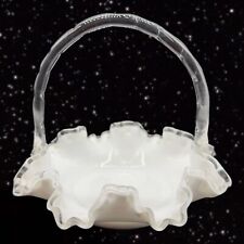 Vintage Fenton White Milk Glass Clear Handled Basket Not Marked 1950s Glass picture