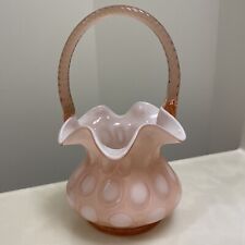 Fenton Art Glass Pink Opalescent Ruffled Coin Medallion Basket Rare Find Vintage picture