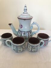 Vintage Swiss Travel Service Folk Art Handmade Pottery Coffee Tea Pitcher Set picture