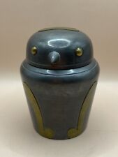 Vintage Pewter Bird Owl Or Penguin Small Tea Canister w/Applied Brass Accents picture