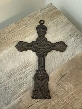 Vintage Cast Iron Cross Crucifix 9” Brown Hearts Religious Gift Home Decor picture