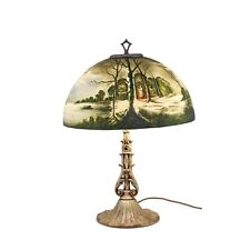 Antique Art Deco Reverse Painted Winter/Fall Landscape scenery Table Parlor Lamp picture
