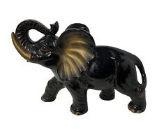Vtg MCM 1960’s Glazed Redware Elephant-Large 14x-10”-Trunk Up-Black-Gold Accents picture