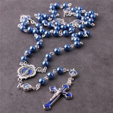 Deep Blue Beads Rosary Necklace Catholic St Mary And Cross Crucifix picture