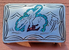Vintage Navajo W Nezzie End Of The Trail Turquoise And Coral Inlay Belt Buckle picture