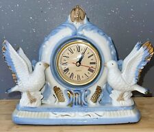 Vtg Retro Quartz Battery Wedding Mantle Clock 2 Doves Blue white Gold Crown Gift picture