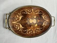 Vintage Italian Marquetry Inlaid Wood Tray, Brass Handles, Floral,... picture
