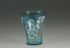 Victorian Glass Blue Tumbler Handpainted White Swirls Gold Frames c.1895 picture