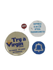 Lot 4 1970s Vintage Patches And Buttons - Virgin Islands, Irony, Win, Bell Patch picture
