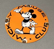 VINTAGE DOMED 12” MICKEY DISNEY MOUSE PORCELAIN SIGN CAR GAS OIL picture