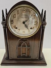 Antique Working 1949 INGRAHAM Gothic Cathedral Art Deco Mahogany Mantel Clock picture