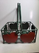 Red  Apple Basket Heavy Green Woven Metal 2 Handles Farmhouse Country 9.5 x 8.5