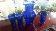 COBALT BLUE GLASS RIBBED COVERED PITCHER WITH 3 MATCHING TUMBLERS- VINTAGE picture