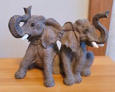 Vintage Pair Of Gray Resin Sitting Elephants Detailed Sculpture Figurine Luck picture