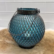 Vintage Retro Metal Blue Bubble Glass Candle Holder / Lamp With Handle Decor picture