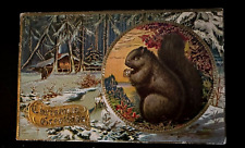 Antique~Christmas Postcard~Big Squirrel with Nut Winter Scene Cabin~k92 picture