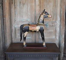 Classic Wooden Black Horse Figurine Hand-Painted Vintage Home Decor Made India picture