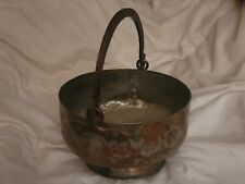 Large Antique Bronze Kettle Bucket Pail Wrought Iron Handle Primitive c/a 1850 picture
