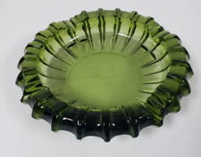 Vintage Heavy Green Glass Ashtray Retro MCM Ridged 7 inch wide picture