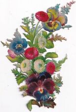 1800's Victorian Die Cut Scrap -Colorful Pansies & other Flowers -3.5 inches picture
