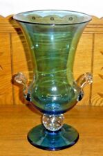 Unsigned Pairpoint Glass Marina Blue Urn Vase w/ Air Bubbles Circle Base - 10