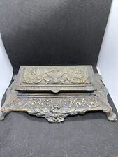 DL DEPOSE FRENCH ANTIQUE ENGRAVED ORNATE BRASS LARGE FOOTED STAMP BOX HOLDER. picture