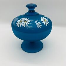 Westmoreland Satin Blue Glass Lidded Candy Dish Hand Painted White Daisies Daisy picture