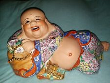 RECLINING HOTEI-SAN ORNAMENT SMILING BUDDHA STATUE POTTERY GOLD PRAYER CHINA... picture