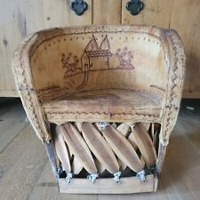 Vintage Mexican Equipale Barrell Child Chair Pyrography Leather Artisan Made picture
