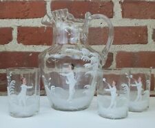 Mary Gregory Hand Painted Fenton Ruffled Pitcher & Tumblers White on Clear Glass picture