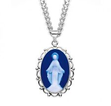 N.G. Sterling Silver and Dark Blue Miraculous Medal Cameo on 24 Inch Chain picture