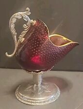 Rare, Magnificent Vintage Silver and Red Glass Strawberry Coal Scuttle Bowl  picture