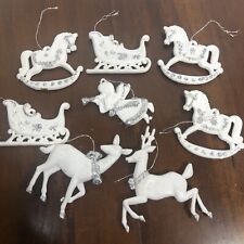 Vintage Victorian Style White Silver Glitter Ornaments Hard Plastic Lot/8 Sleigh picture