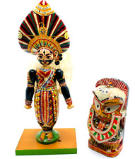 Lot 2 Vtg Mini Small Kathakali Hindu Indian South Asian Wood Figurines w Veil picture